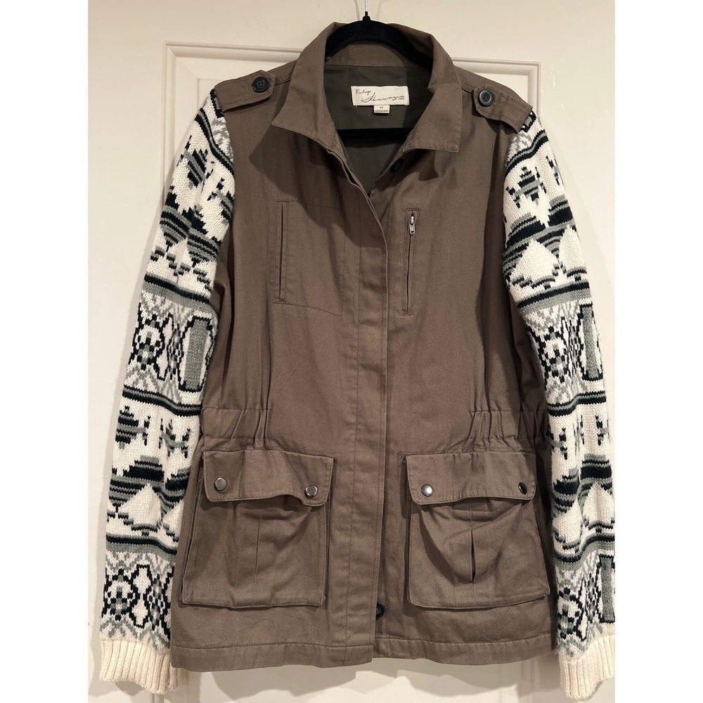 Vintage Havana Olive Utility Jacket with Cream & Black Knit Sleeves